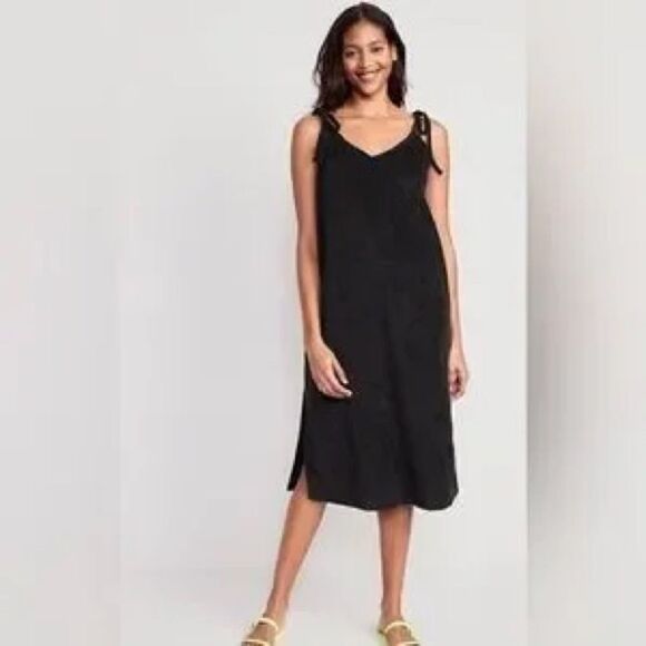 Old Navy Tie Strap‎ Midi Swing Dress Black Crepe with Pockets Lined 2X - Picture 1 of 8